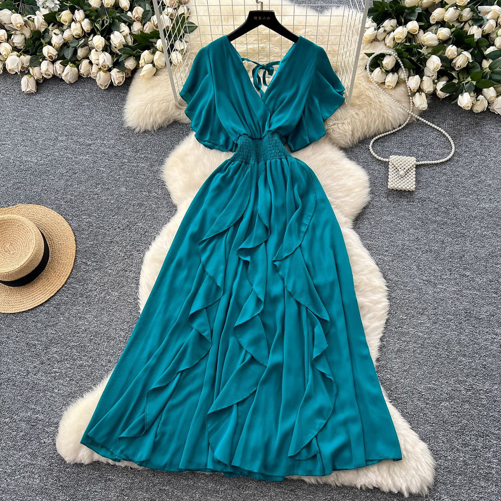 Summer women's niche design criss-cross v-neck flutter sleeve cinched waist chiffon dress - ethereal ruffle maxi dress