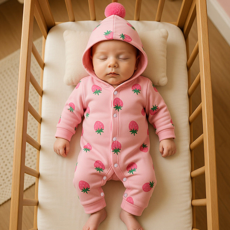 Newborn baby clothes spring collection: newborn girl romper, double-layered full month long-sleeve, spring/autumn outing strawberry crawling suit