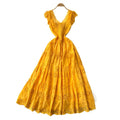 Yellow vacation dress for women,  new arrival: soft & elegant v-neck, cutout embroidery, cinched waist, flowy maxi dress