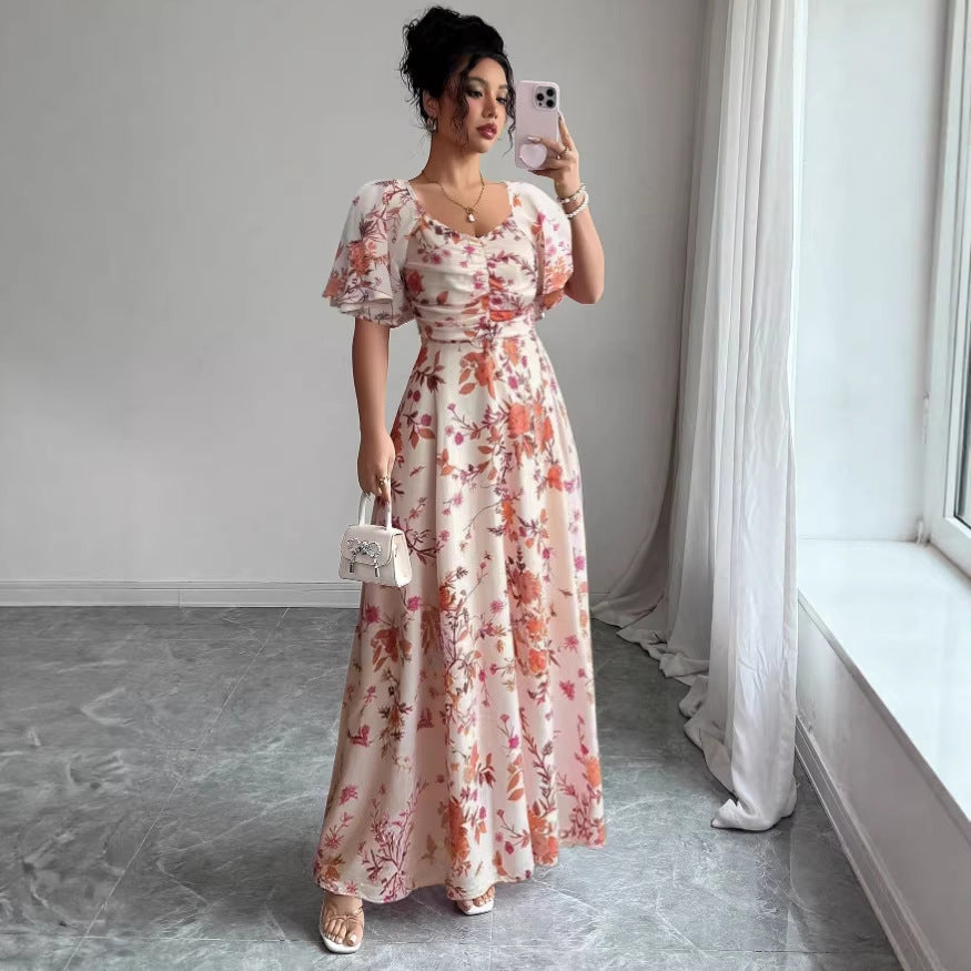 summer print long french floral slimming maxi dress
