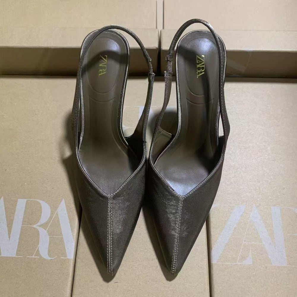 Za2025springnew arrival brown pointed toe french high-heeled sandals for women eleganteasiest for match stiletto high heels
