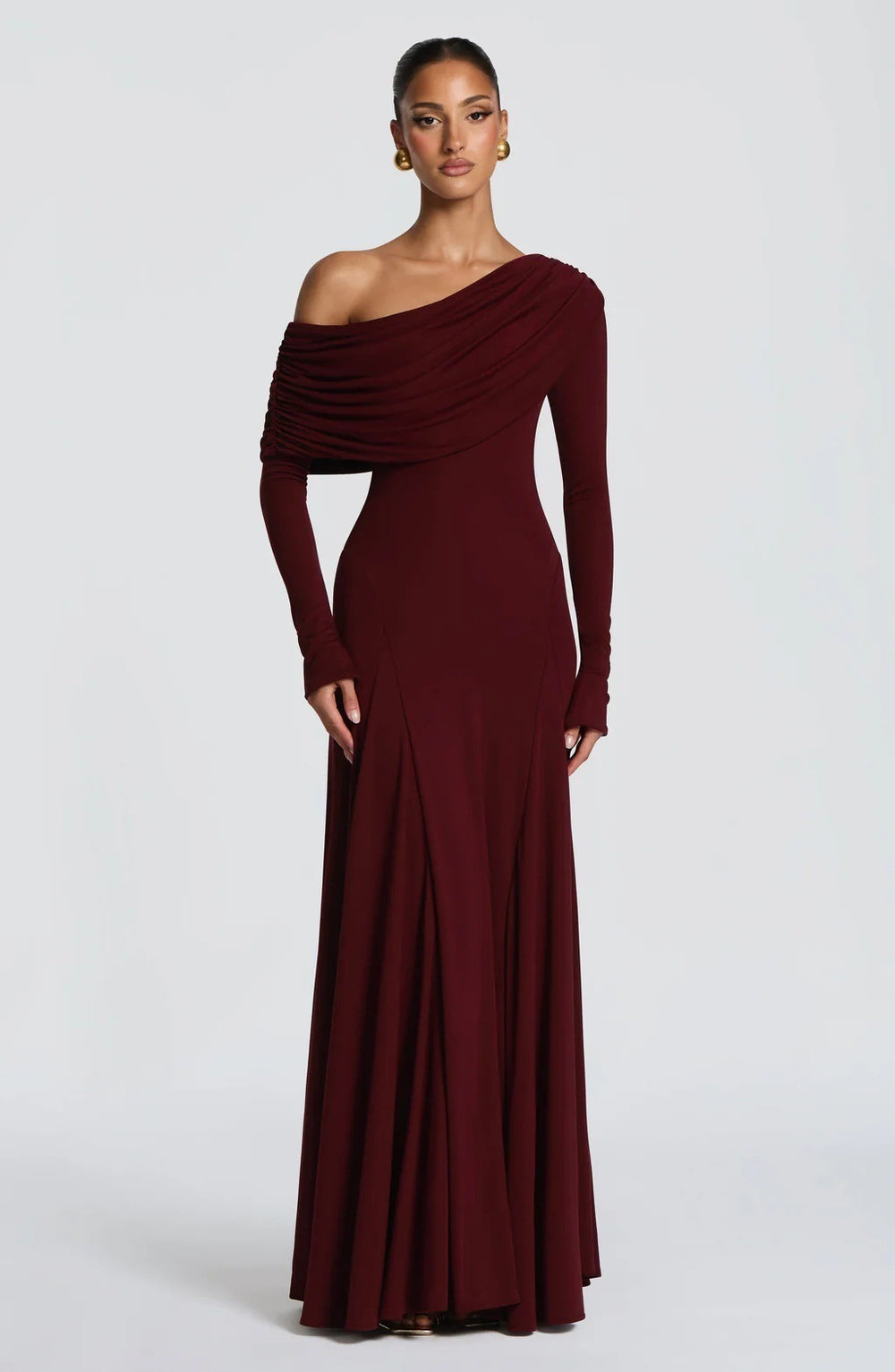 cross-border european and american style one-shoulder long sleeve ruffle neck pleated formal dress solid color slimming waist dress wholesale