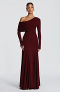 cross-border european and american style one-shoulder long sleeve ruffle neck pleated formal dress solid color slimming waist dress wholesale