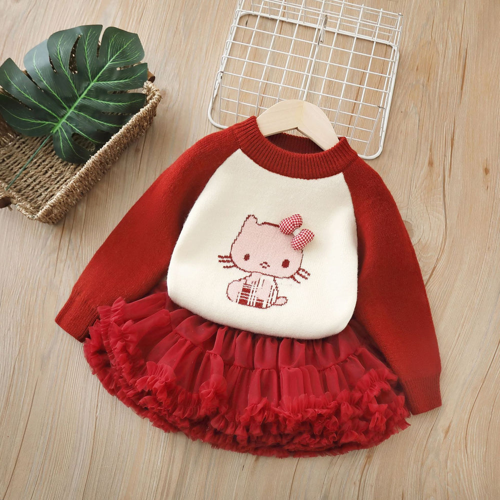 Girlsweaterthickenedall-in-one velvet with tutu skirttwo-piece set for baby girls round neckthickened bottom shirtsuit