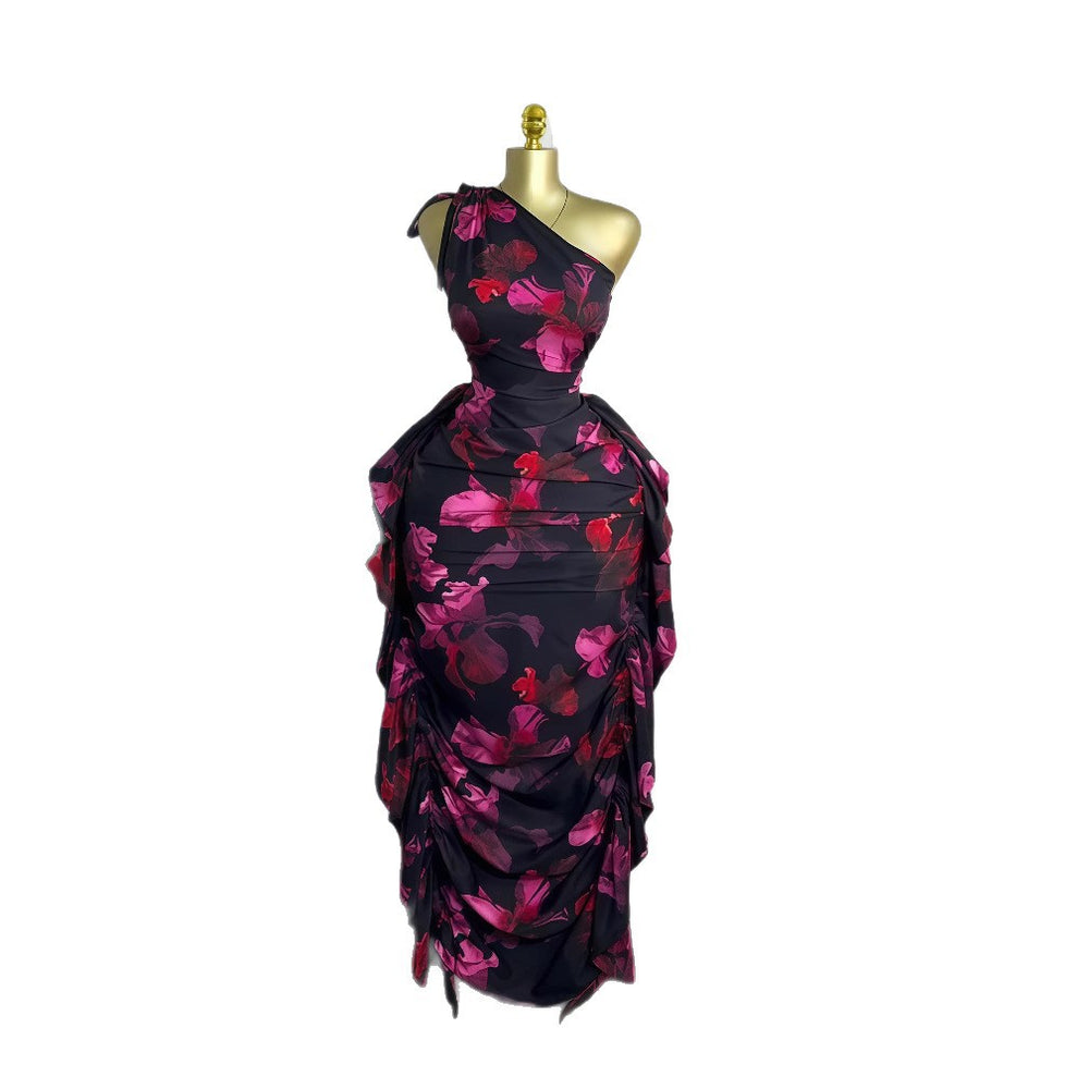 European and american cross-border women's fashion  summer new sleeveless one-shoulder asymmetrical neckline printed tie-up ruffle trim bodycon dress