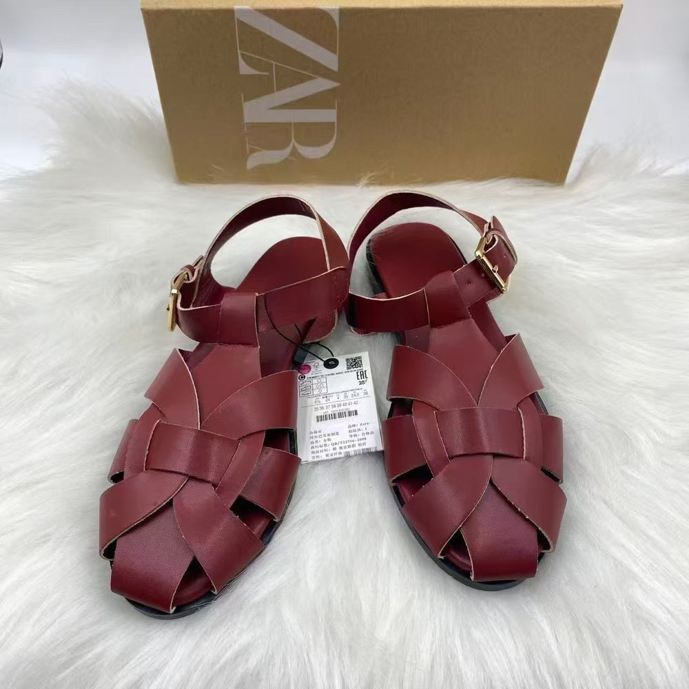 Za2025 spain 2025 big toe sandals women's summer wide fat feet export soft low pure bag heel first layer cowhide