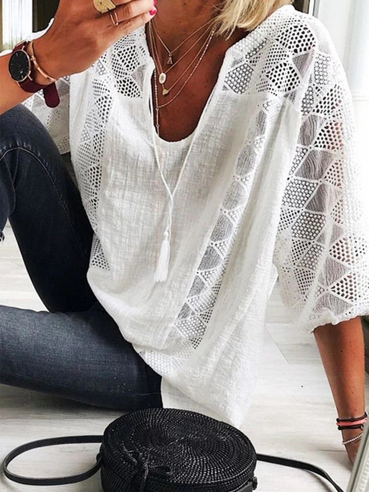 loose type    new arrivalfashionlacepatchwork u-neck three-quarter sleeve tops