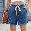 European and american cross-border e-commerce summer new arrivals:  independent store washed, rolled-hem, elastic waist, drawstring denim shorts for women