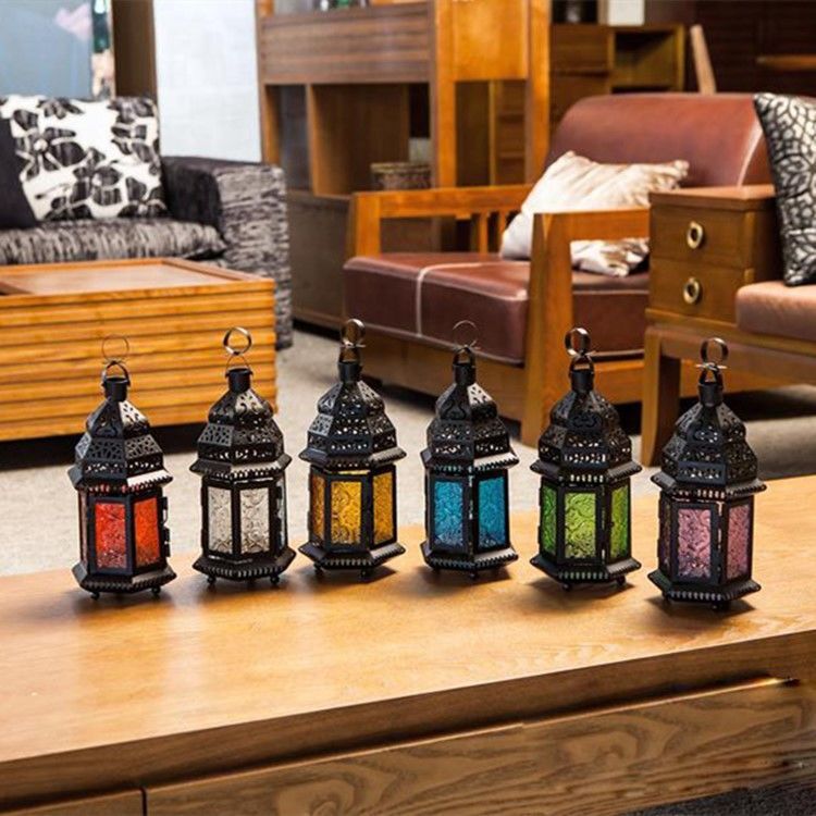 Moroccan iron candlestick, stained glass lantern, garden decor, home decor ornament, housewarming gift