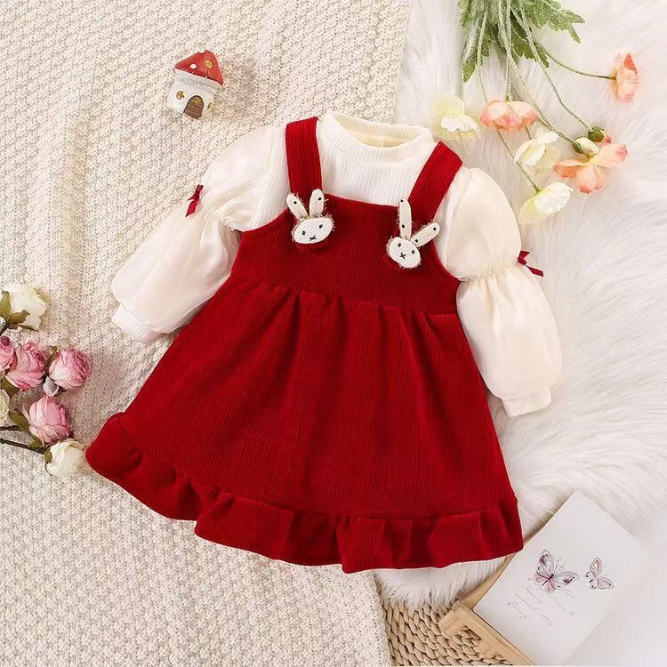 Girls' dress -  autumn/winter collection - baby fleece-lined red birthday/christmas/chinese new year party dress - little princess style