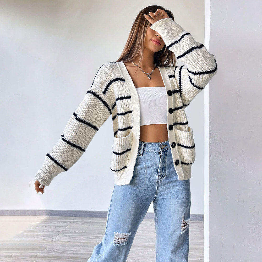 Cross-border TK versatile loose striped sweater new autumn and winter casual versatile lazy wind knitted sweater cardigan jacket