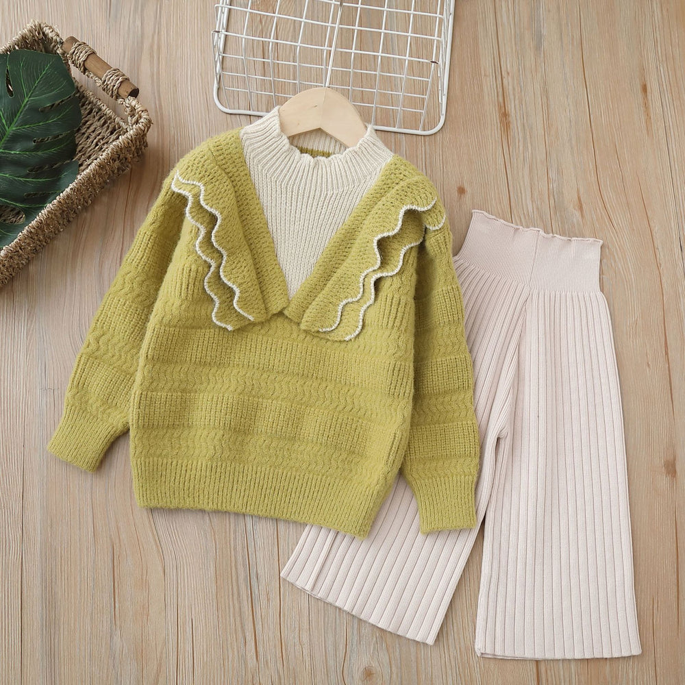 Girls' knitted sweater set, kids' two-piece outfit,  new style for baby girls ages 1-8, faux two-piece pullover set