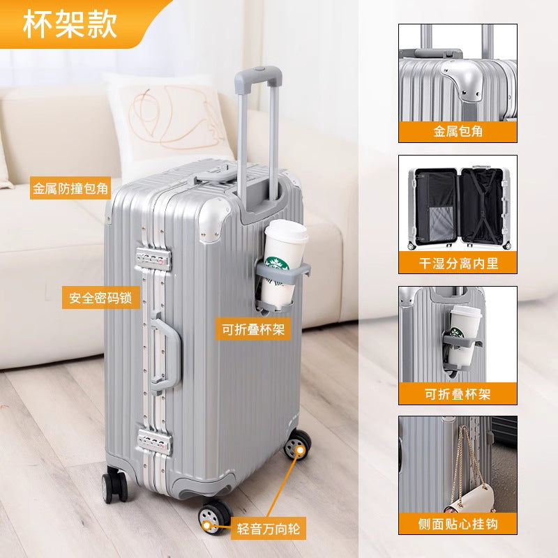 Cup holder aluminum frame suitcase women's scratch-resistant wear-resistant trolley case men's universal wheel password case fashion travel box trend