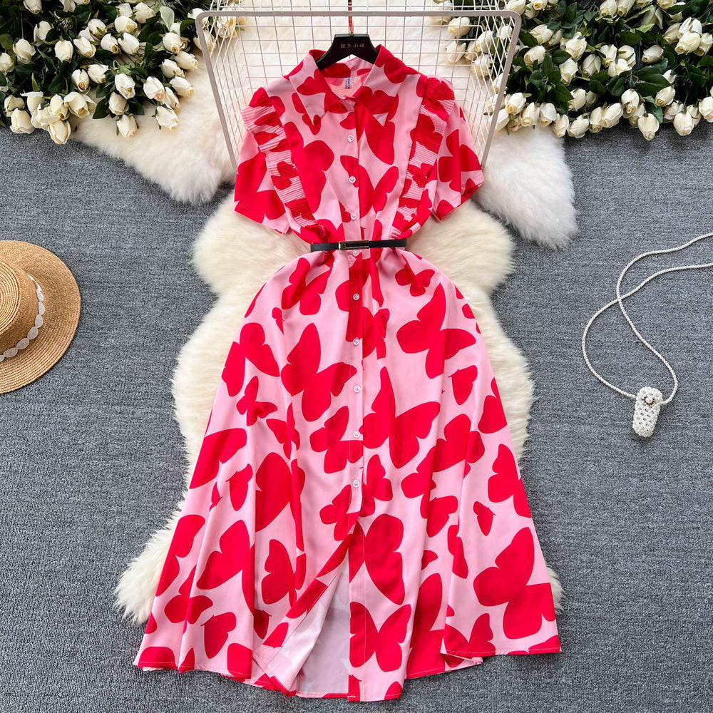 Sophisticated niche women's dress -  summer new arrival: designer ruffle-trimmed, cinched-waist, printed elegant maxi dress