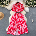 Sophisticated niche women's dress -  summer new arrival: designer ruffle-trimmed, cinched-waist, printed elegant maxi dress