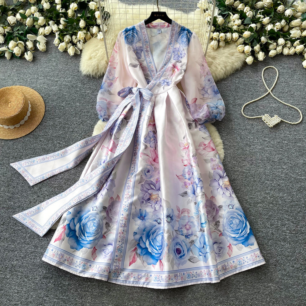 Vintage court style v-neck lantern sleeve printed dress - women's summer tie-waist slimming maxi dress with elegant flare