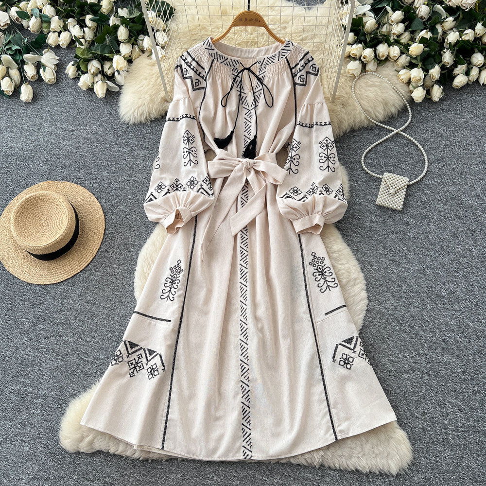 Bohemian embroidered maxi dress - women's summer long sleeve tie-waist a-line dress - vintage ethnic style