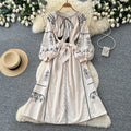 Bohemian embroidered maxi dress - women's summer long sleeve tie-waist a-line dress - vintage ethnic style