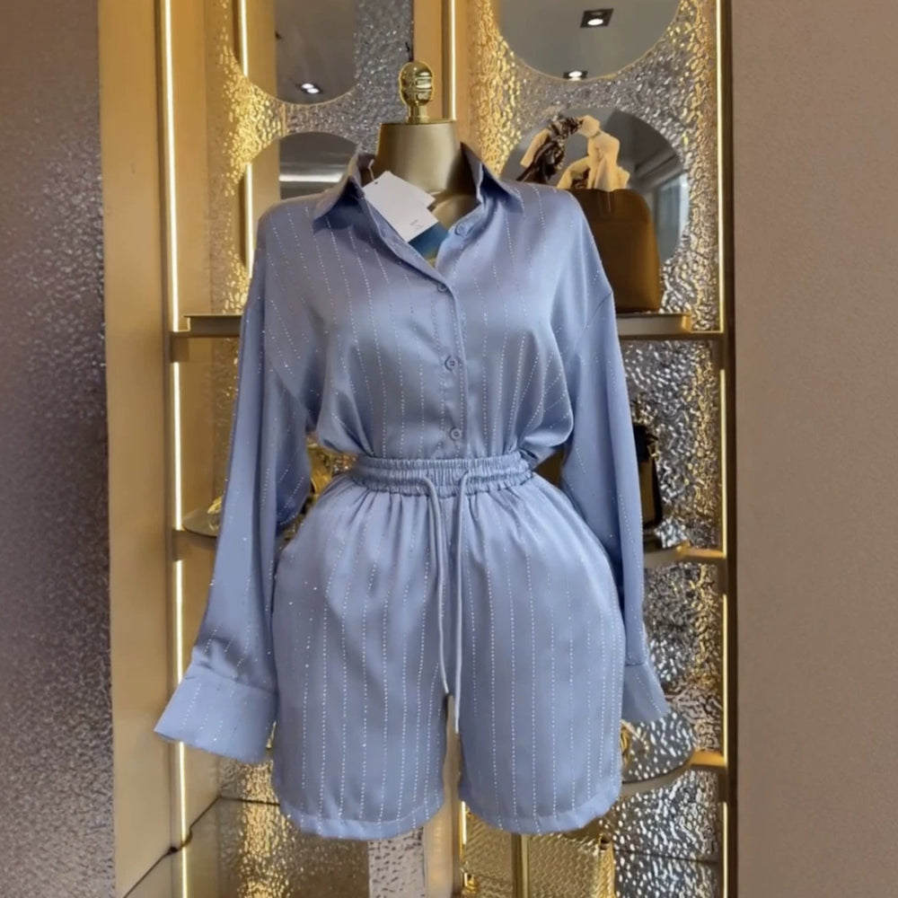 European and american style women's clothing  autumn new collection: sweet and fresh striped turn-down collar long-sleeve shirt and high-waisted straight-leg shorts two-piece set