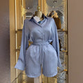 European and american style women's clothing  autumn new collection: sweet and fresh striped turn-down collar long-sleeve shirt and high-waisted straight-leg shorts two-piece set