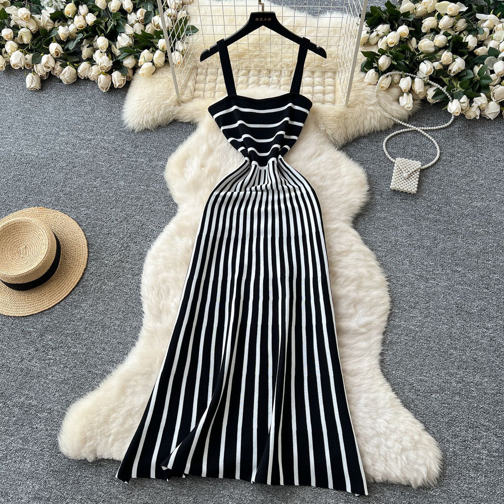 Feminine and chic:  summer fashion color-block knit midi dress - figure-flattering, slim-fit camisole dress