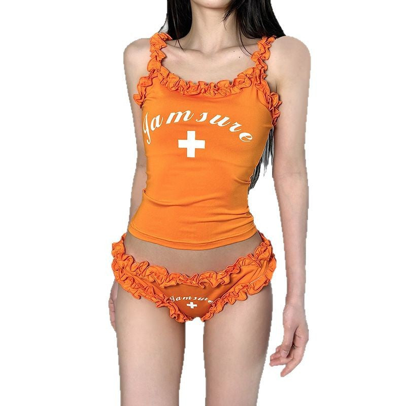 Sexy lace cute sexy wind suspender briefs set Spice girls vacation swimsuit split bikini two-piece set