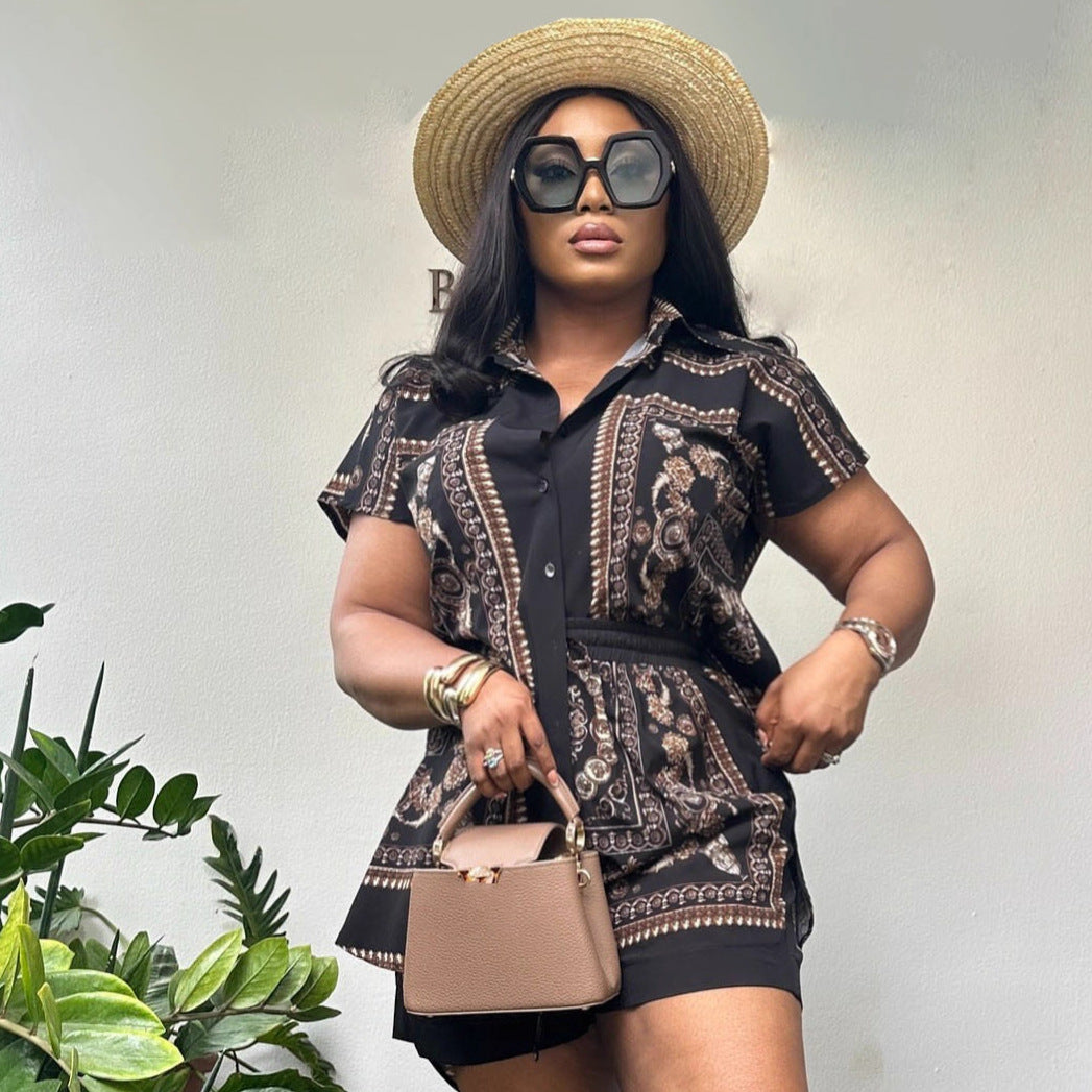 Cross-border European and American women's clothing loose short-sleeved shirt casual shorts women's African cardigan positioning printing new set