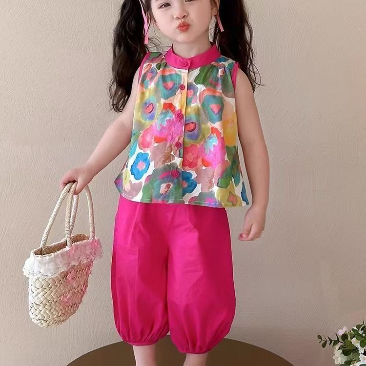 【comfortable neckline】girls' summer outfit set  new style baby floral tank top summer clothes little girl chic