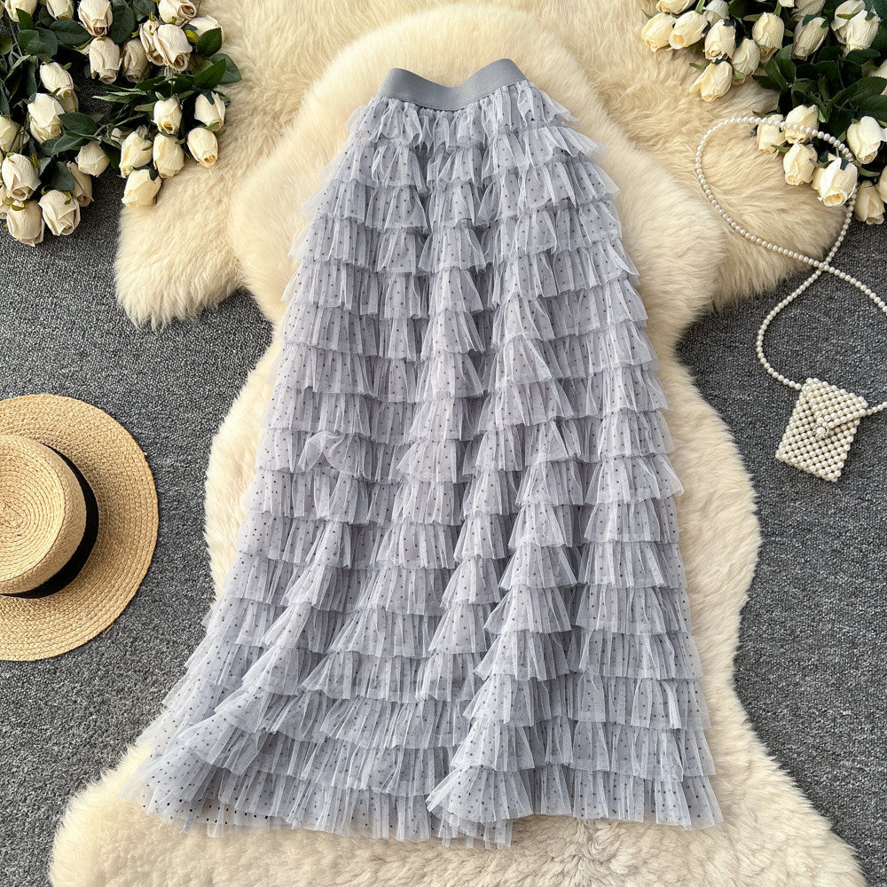 Fairy style high waist mesh patchwork cake skirt for women spring layered fluffy skirt slimming lookeasiest for matcha-line long skirt