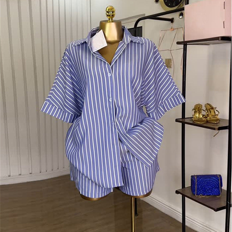 European and american cross-border women's fashion:  summer new collection - stylish blue and white striped loose-fit shirt and high-waisted wide-leg shorts set