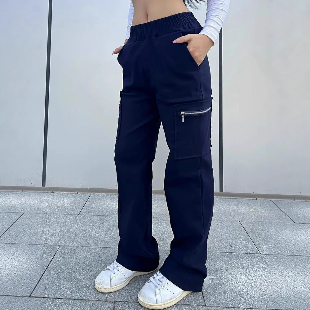Ready-to-ship  spring/summer new arrival: trendy high-waisted cargo pants with zipper pockets, street style straight-leg casual trousers