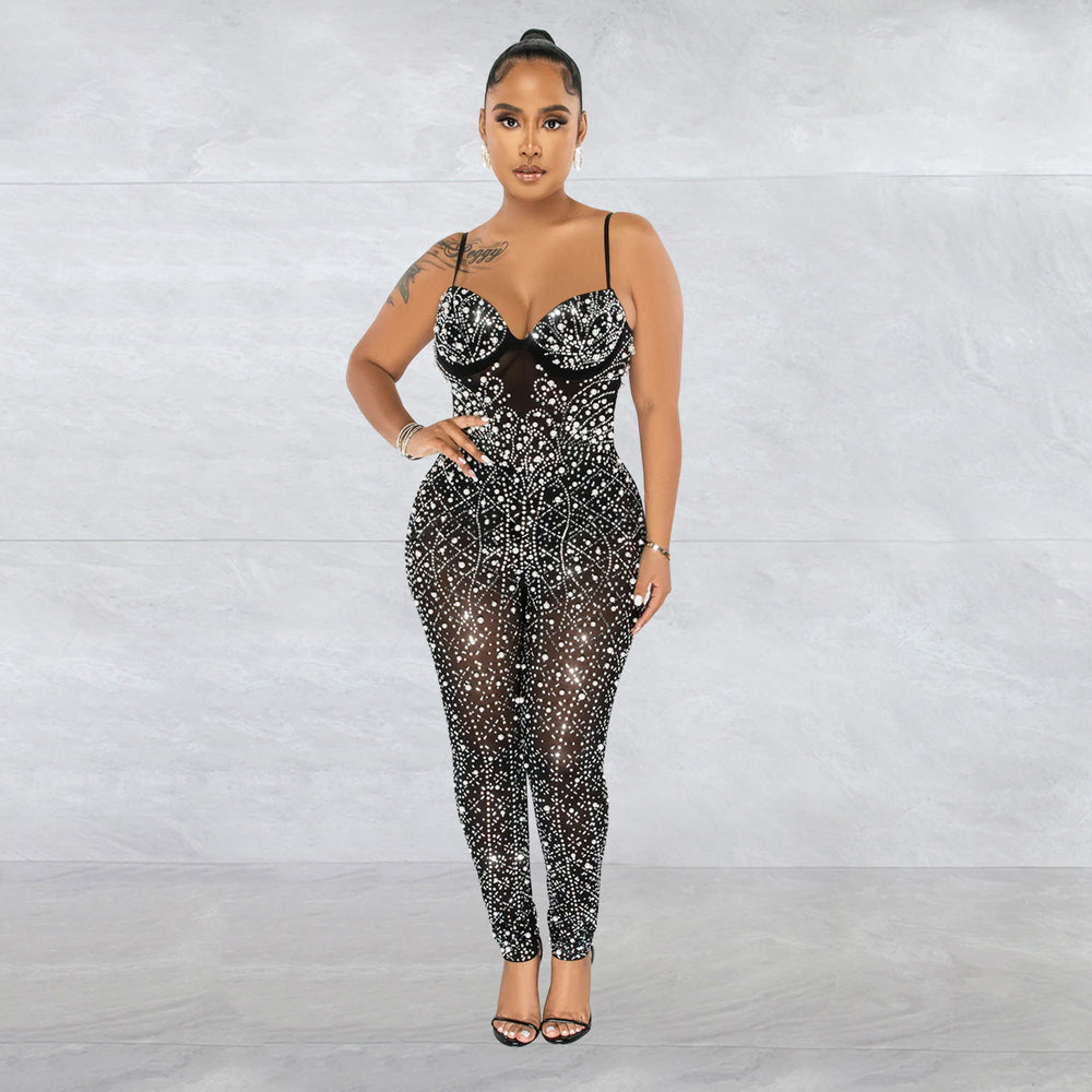 C6272 cross-border   fashion women's solid color mesh rhinestone sleeveless pants jumpsuit