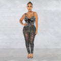 C6272 cross-border   fashion women's solid color mesh rhinestone sleeveless pants jumpsuit