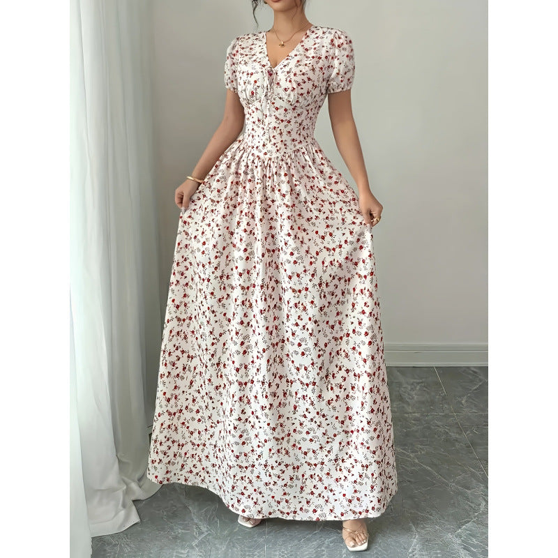 listing: new  women's original elegant lace-up v-neck puff sleeve printed dress