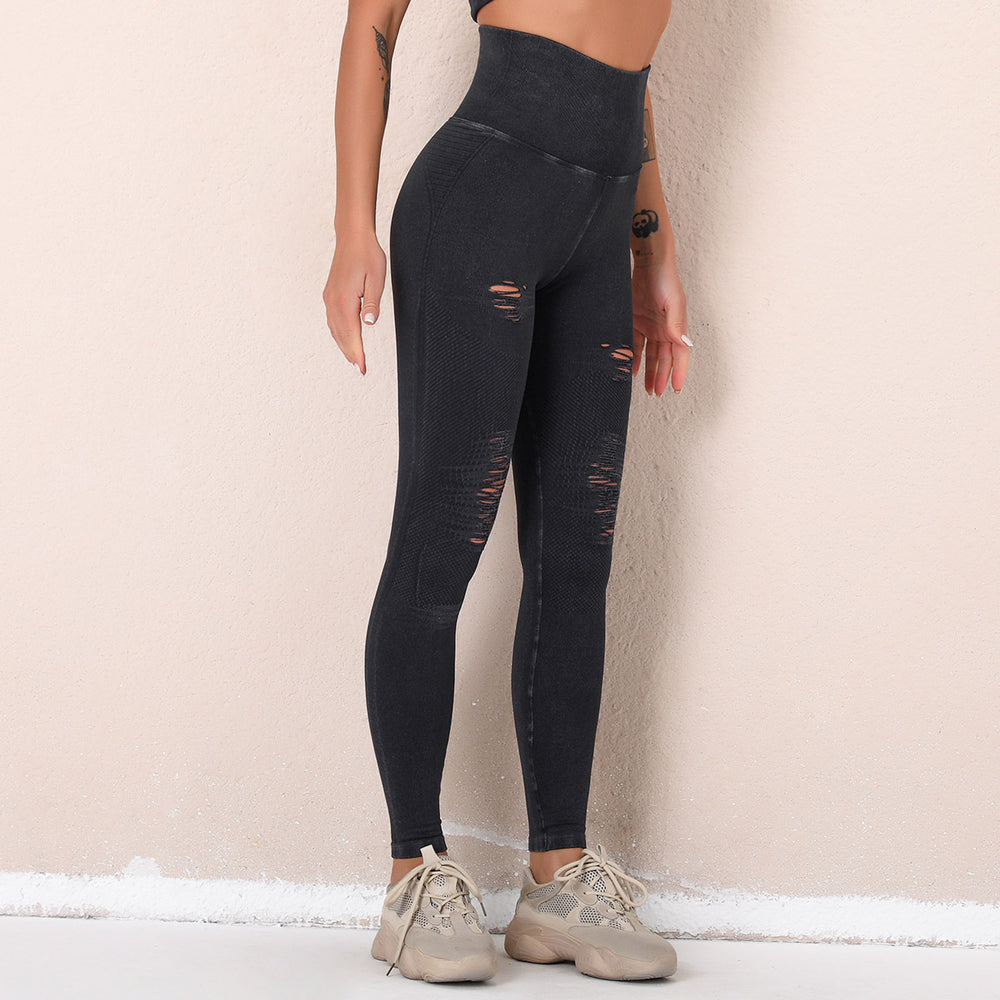 Big sale cross-border new arrival washed yoga pants with holes cut out seamless high waist sports nine-point pants butt lift fitness pants for women