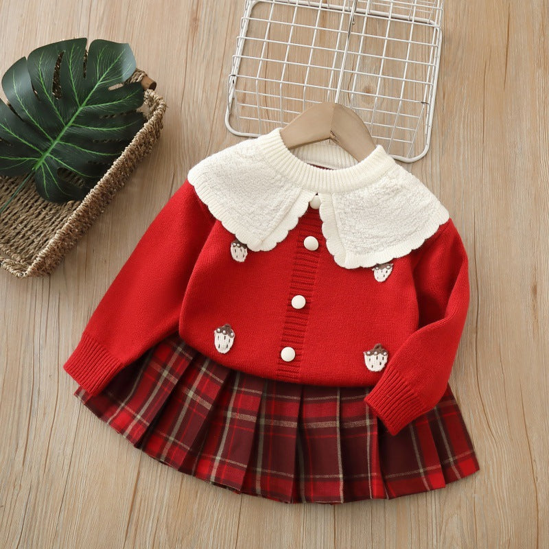 Girls' knit sweater cardigan & plaid skirt set - new autumn collection  - strawberry collar, baby girl red knit outfit