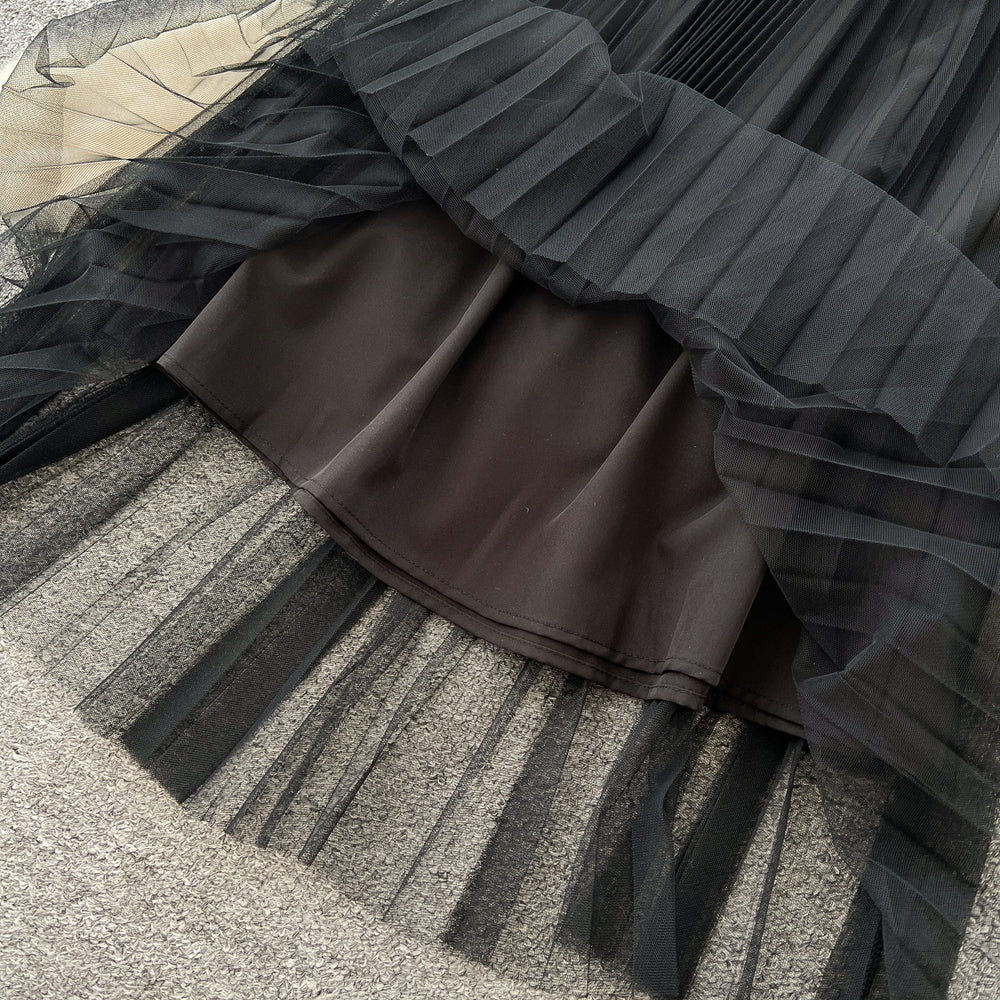 Xiaoxiangfeng wears frenchclassy sense of beads round neck waist suit outwearhigh waist mesh pleated skirt