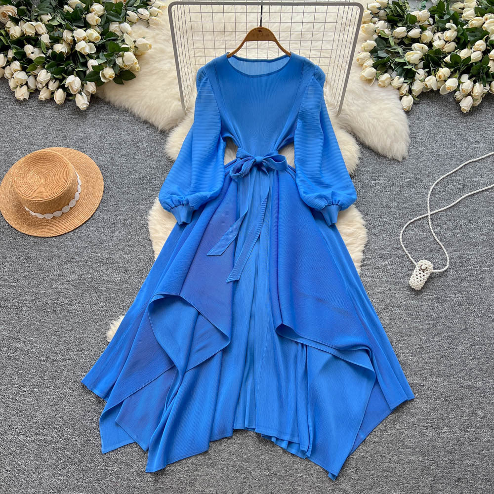 Miya pleated european and american dress women's  new arrivalsense of design asymmetrical strap waist pleated draped long skirt