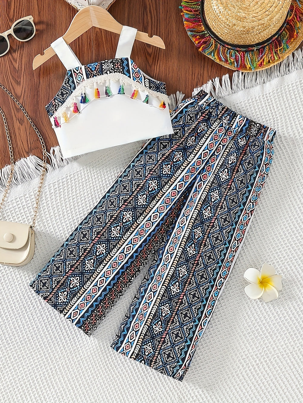 european and american style cross-border children's wear: solid color camisole top & ethnic print long pants two-piece set - exclusively for export