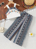 european and american style cross-border children's wear: solid color camisole top & ethnic print long pants two-piece set - exclusively for export