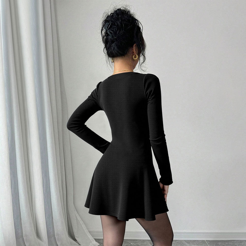 European and american  spring/summer new women's knitted tulip hem v-neck chanel-inspired long sleeve solid color mini dress