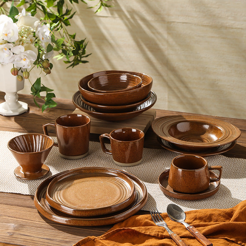 Vintage chic ceramic dinnerware - restaurant & hotel grade, unique ribbed design, steak & western cuisine plates, high-style deep dishes for home use