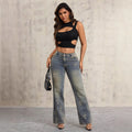 Pre-sale 50-15877#  cross-border women's clothing european and american new style straight-leg fashion cross denim long