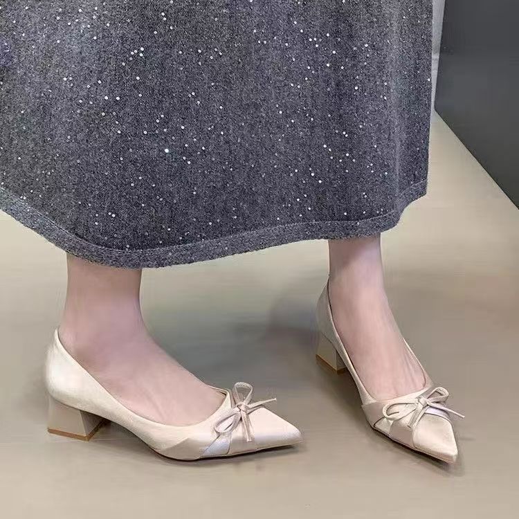 Bowknot single shoes for women, new autumn/winter 2025 collection, satin chunky heel, slip-on low heel pointed toe pumps