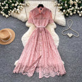 French chic pink lace dress for women, 2026 summer collection: short sleeve, turn-down collar, cinched waist, a-line silhouette - effortless elegance
