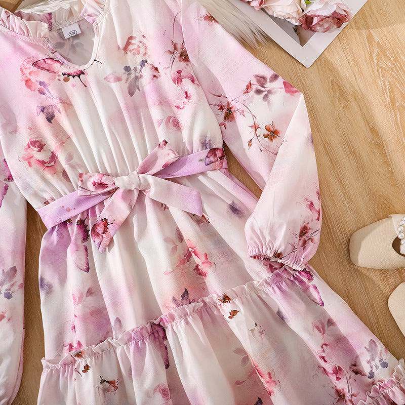Girls' foreign trade dress, spring/summer  new collection, french elegant vacation style, printed long sleeve, cinched waist, lace trimmed princess dress