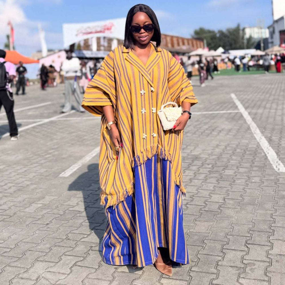 European and american cross-border women's fashion:  summer new arrival - stylish and elegant striped double-breasted oversized long shirt dress
