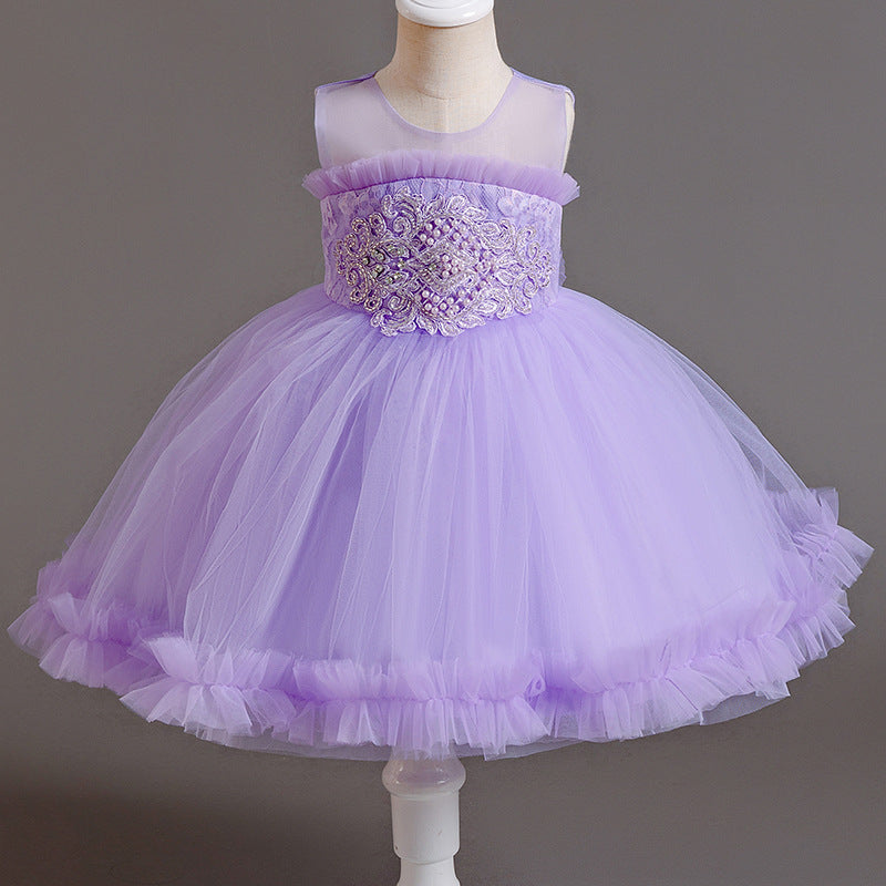 Ready-to-ship new children's formal dress: pearl-embellished tulle princess gown for baby girls, perfect for first birthday photoshoots and special occasions. kids dress