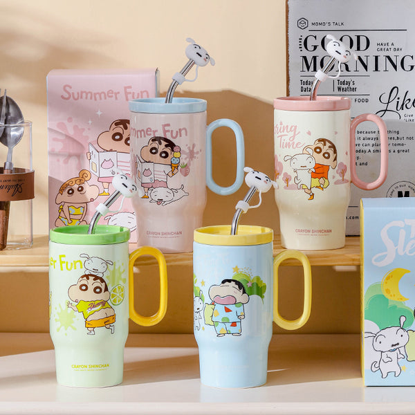 Crayon Xiaoxin ceramic straw cup with lid and handle water cup Internet celebrity large capacity mug creative niche cup