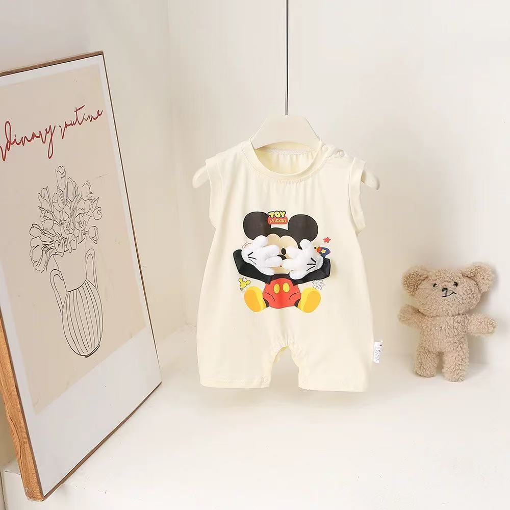 Summer cartoon cute infant rompers, sleeveless baby bodysuits, unisex baby crawling suits, and outdoor wear